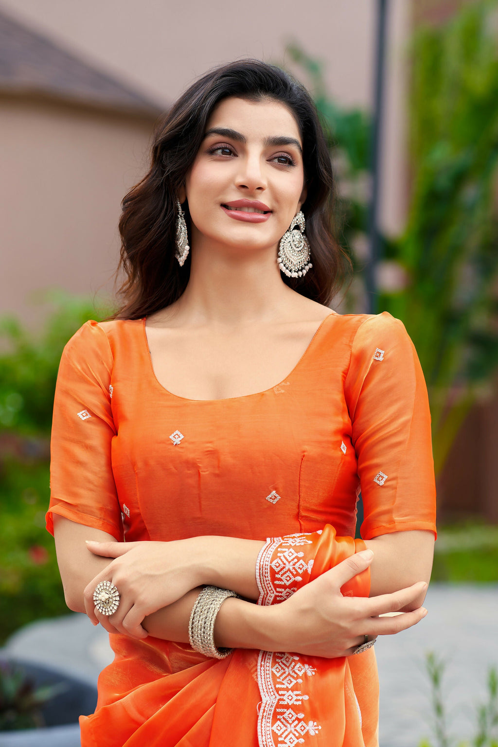 Vastranavya Orange Embroidery Work Shimmer Chiffon Saree with Unstitched Blouse | Grocsy