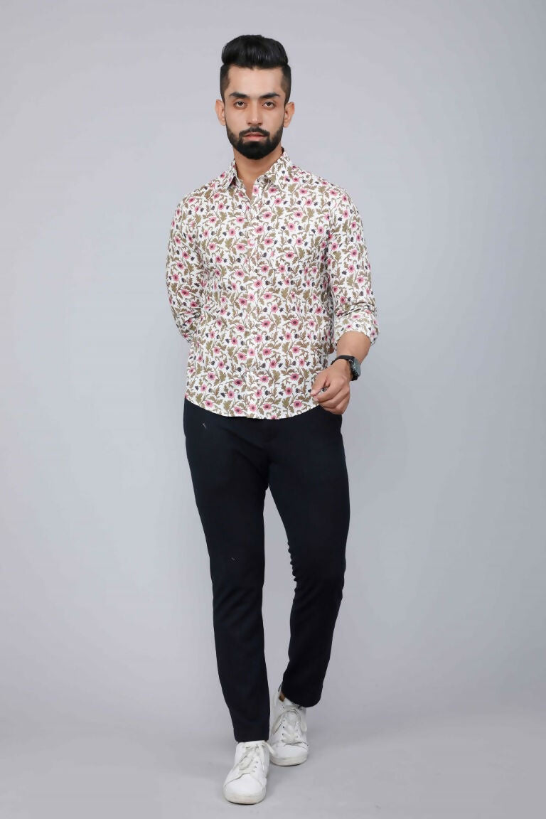 Miravan Men's Cotton Printed Full Sleeve Slim Fit Spread Neck White & Pink Colour Shirt | Grocsy