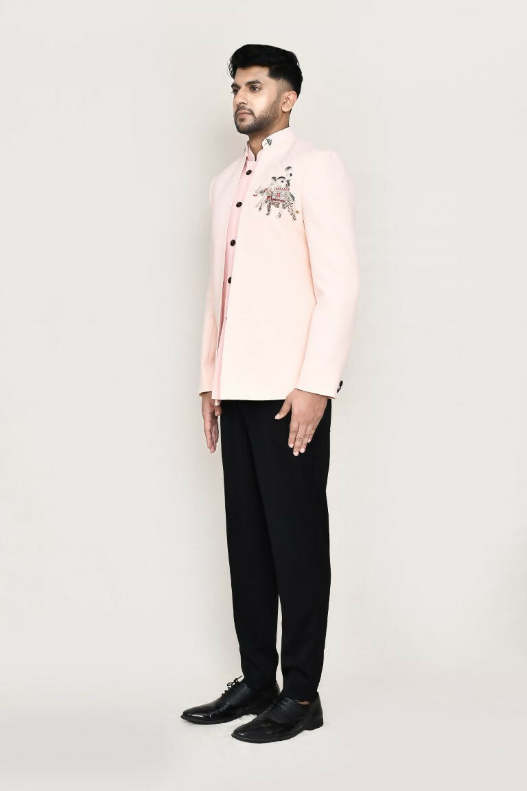 Joban Fashion Peach Colored Imported Polyester Fabric Open Prince Coat, Jacket With Pant | Grocsy