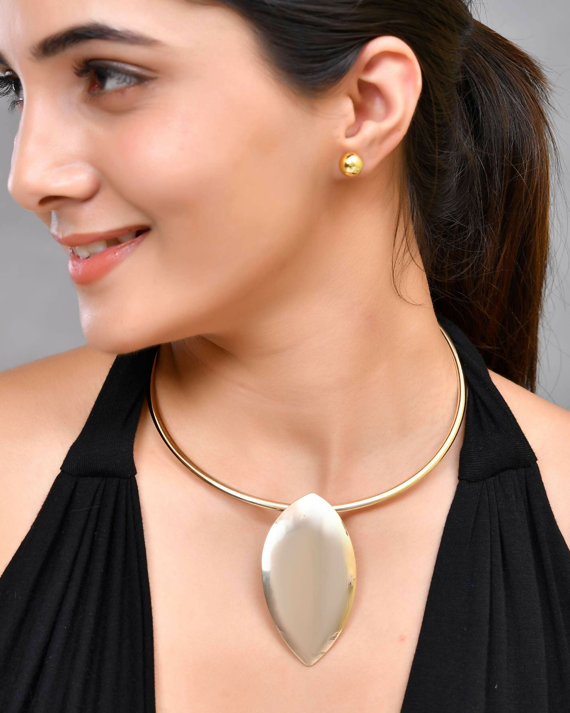 VOJ Gold-Polished Western Hasli with Studs Earrings Set | Grocsy