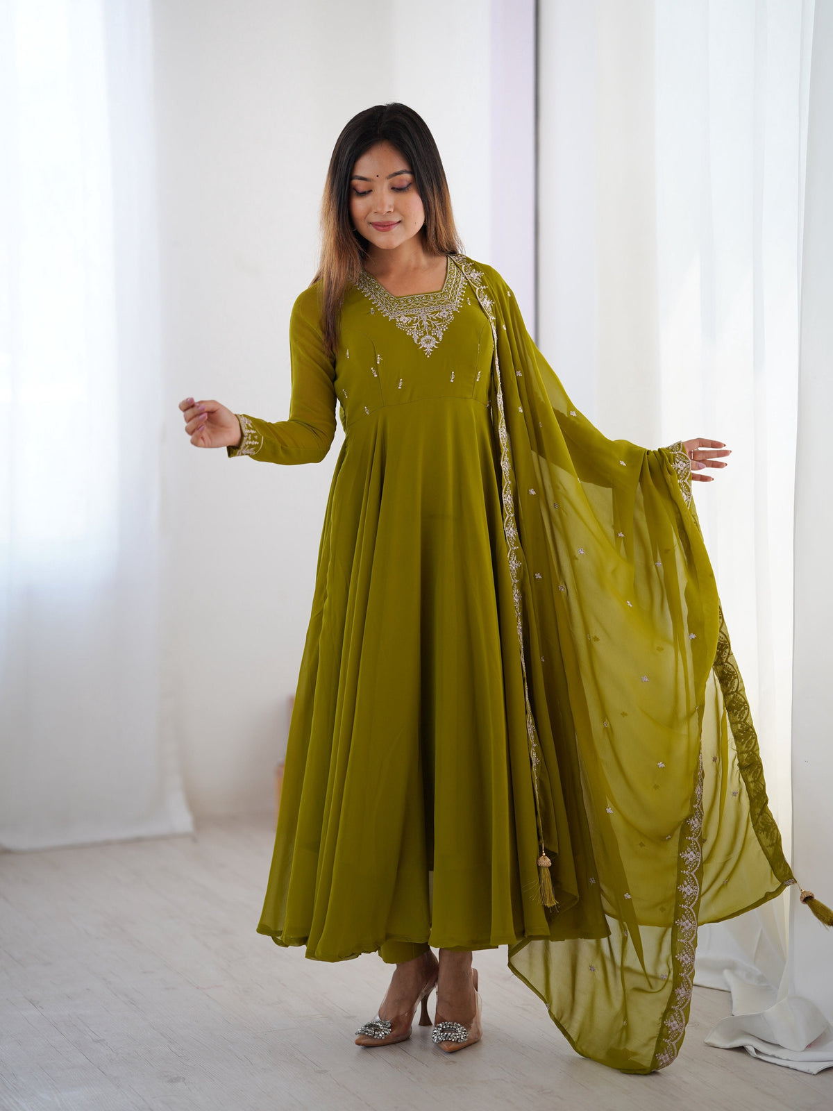 Lehenga Mart Designer Anarkali Suit for Women or Girls - Mahendi Green | Grocsy