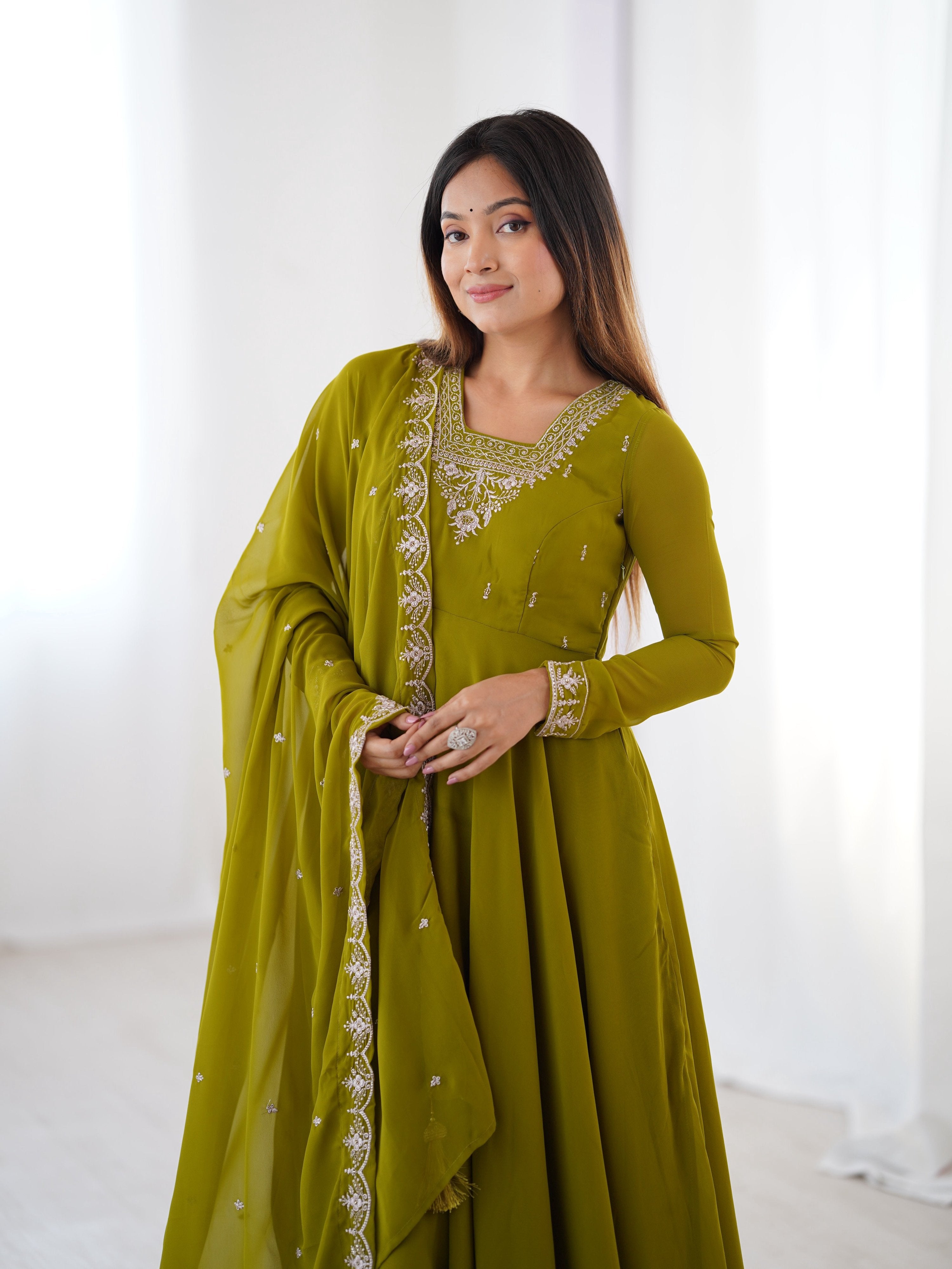 Lehenga Mart Designer Anarkali Suit for Women or Girls - Mahendi Green | Grocsy