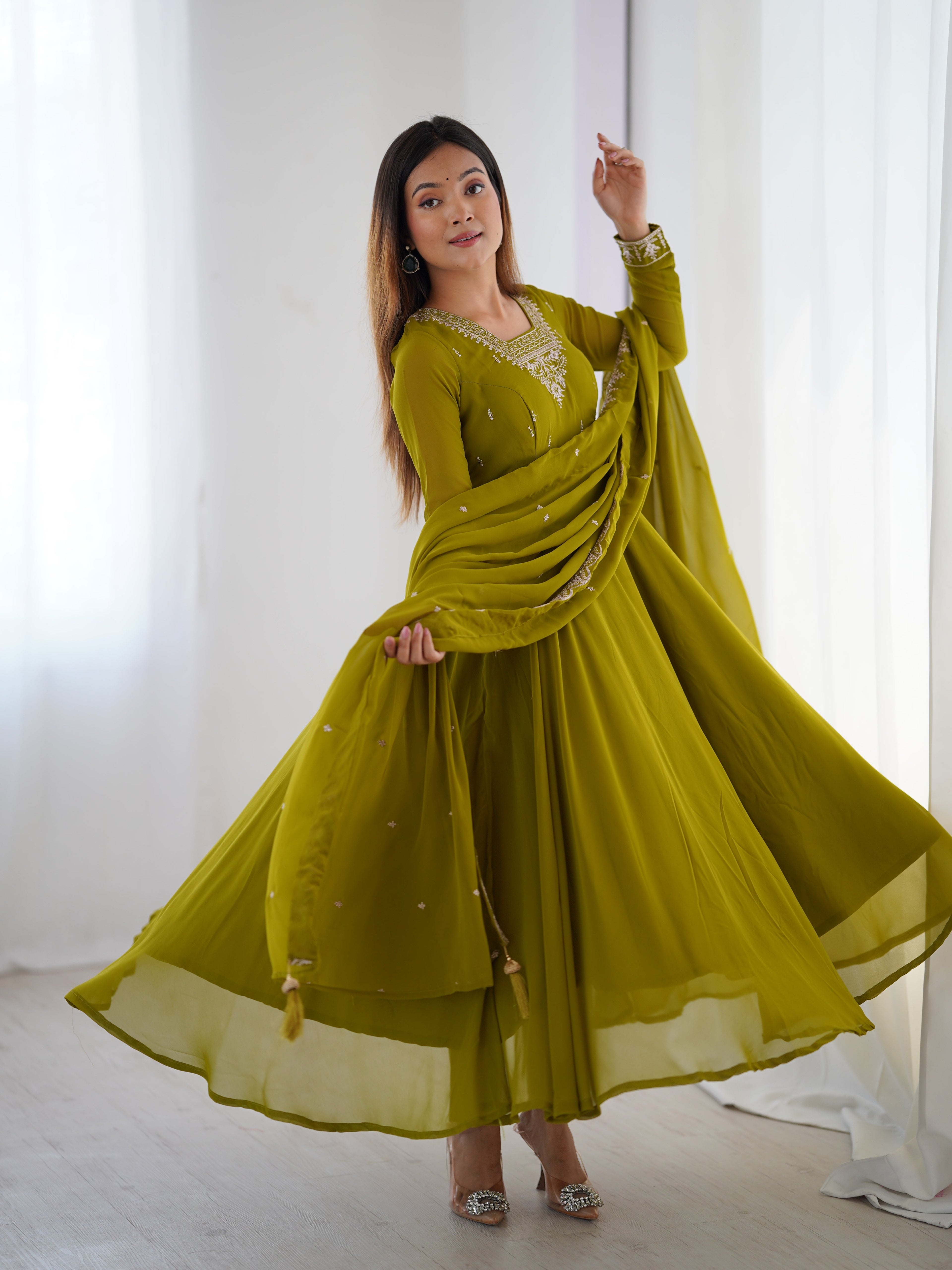 Lehenga Mart Designer Anarkali Suit for Women or Girls - Mahendi Green | Grocsy
