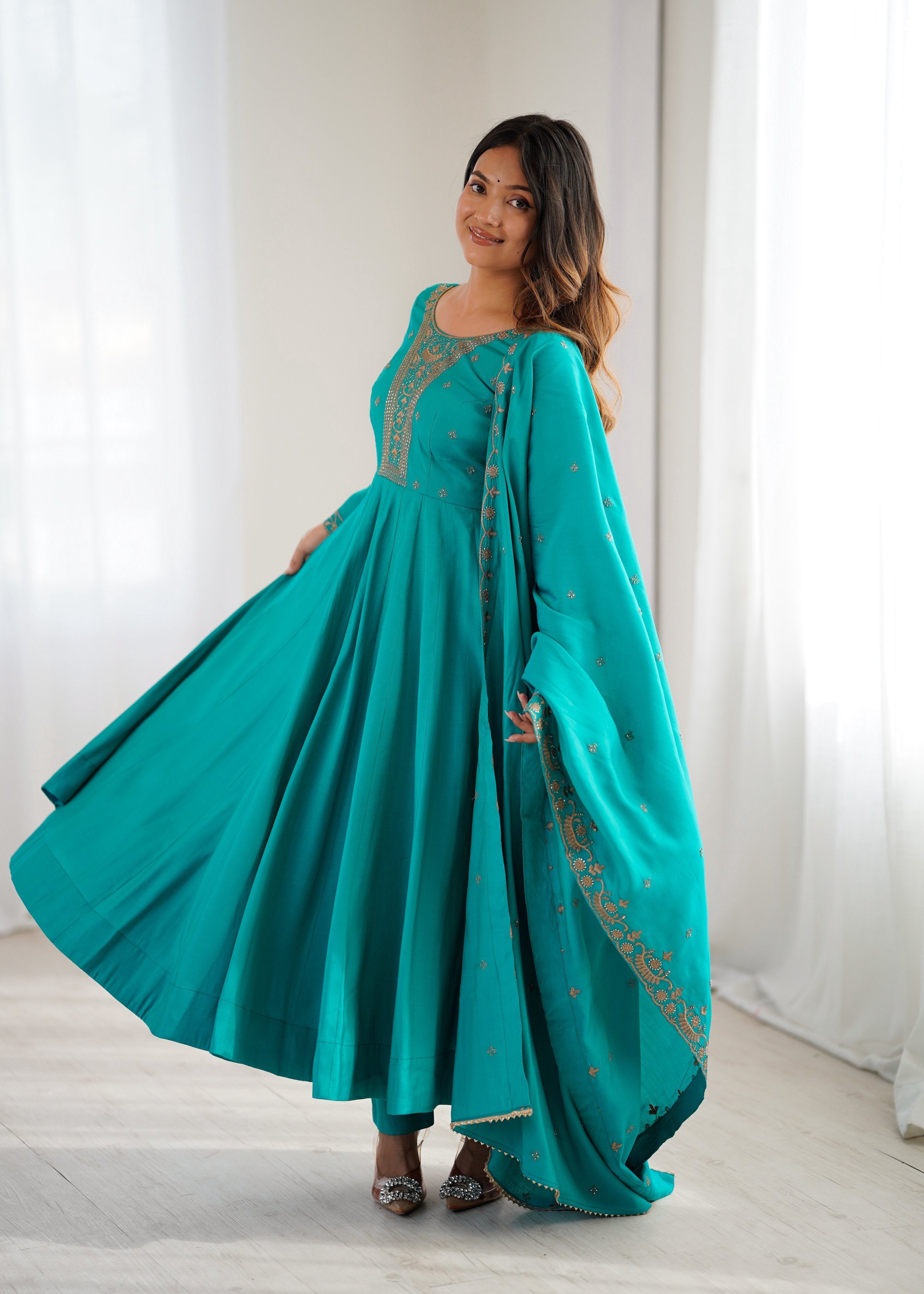 Lehenga Mart Designer Anarkali Suit Ready To Wear Kurta Pant With Dupatta For Women-Rama Green | Grocsy