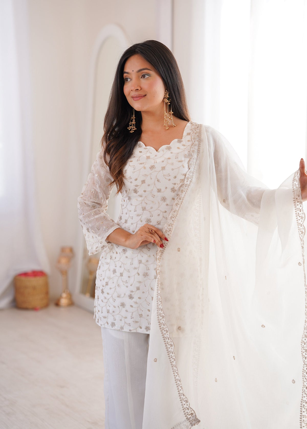 Lehenga Mart Designer Suit With Kurta Palazzo Dupatta For Women-Off-White | Grocsy
