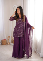 Lehenga Mart Designer Suit With Kurta Palazzo Dupatta For Women-Wine | Grocsy
