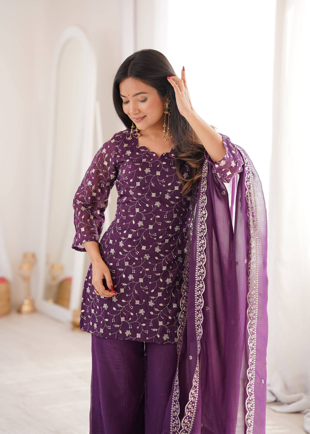 Lehenga Mart Designer Suit With Kurta Palazzo Dupatta For Women-Wine | Grocsy