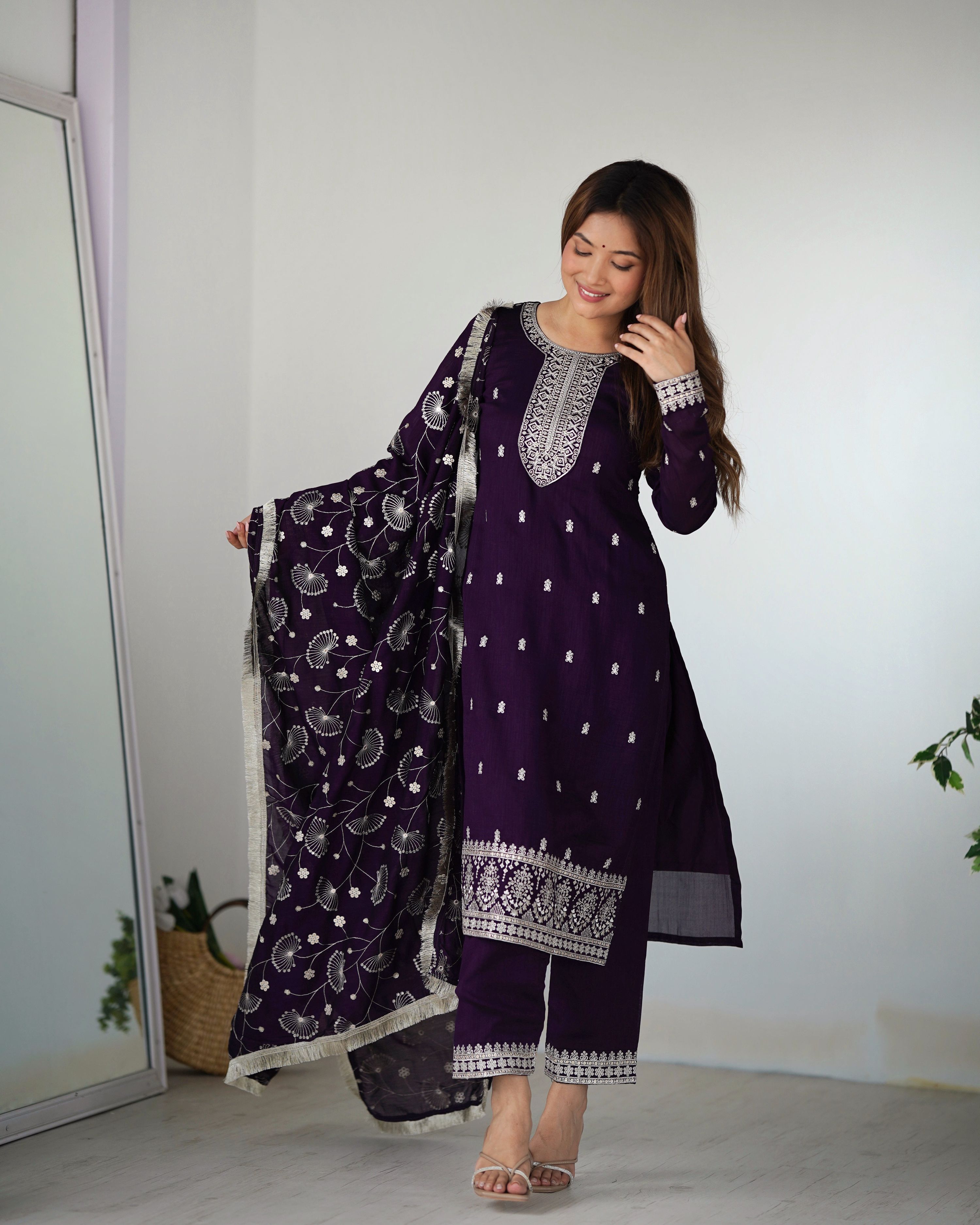 Lehenga Mart Designer Kurta Pant Dupatta - Purple | Grocsy