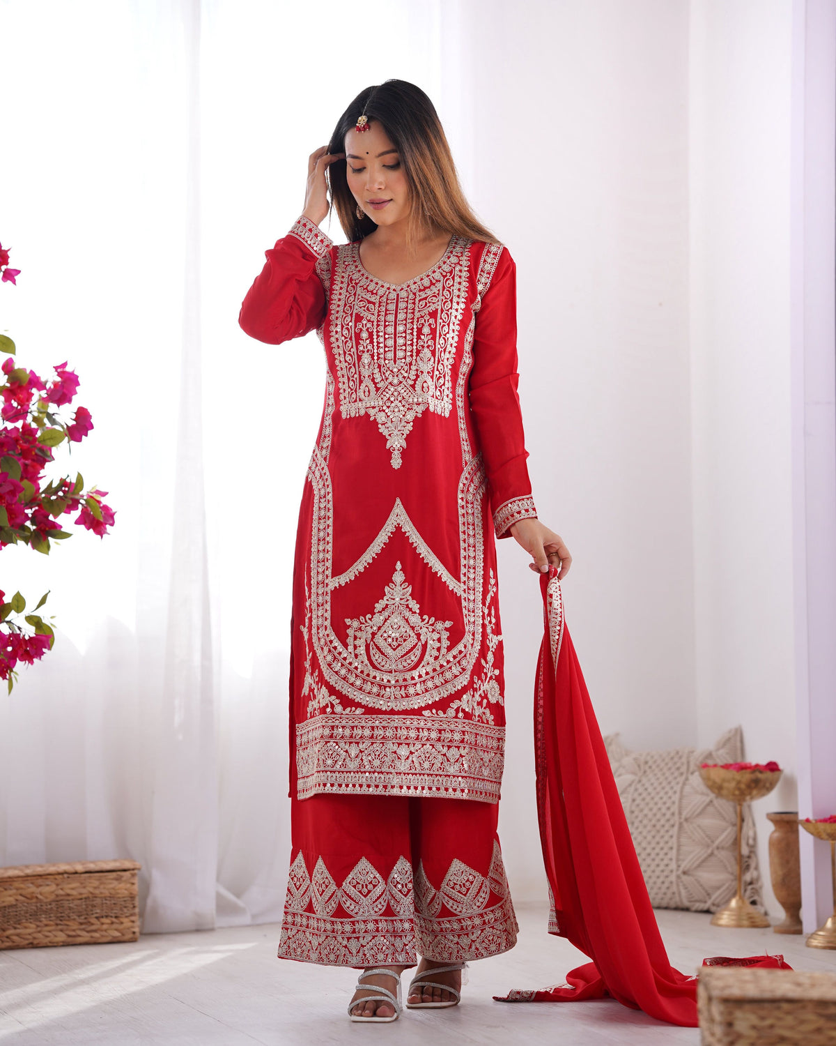 Lehenga Mart Designer Kurta Pant Dupatta - red | Grocsy