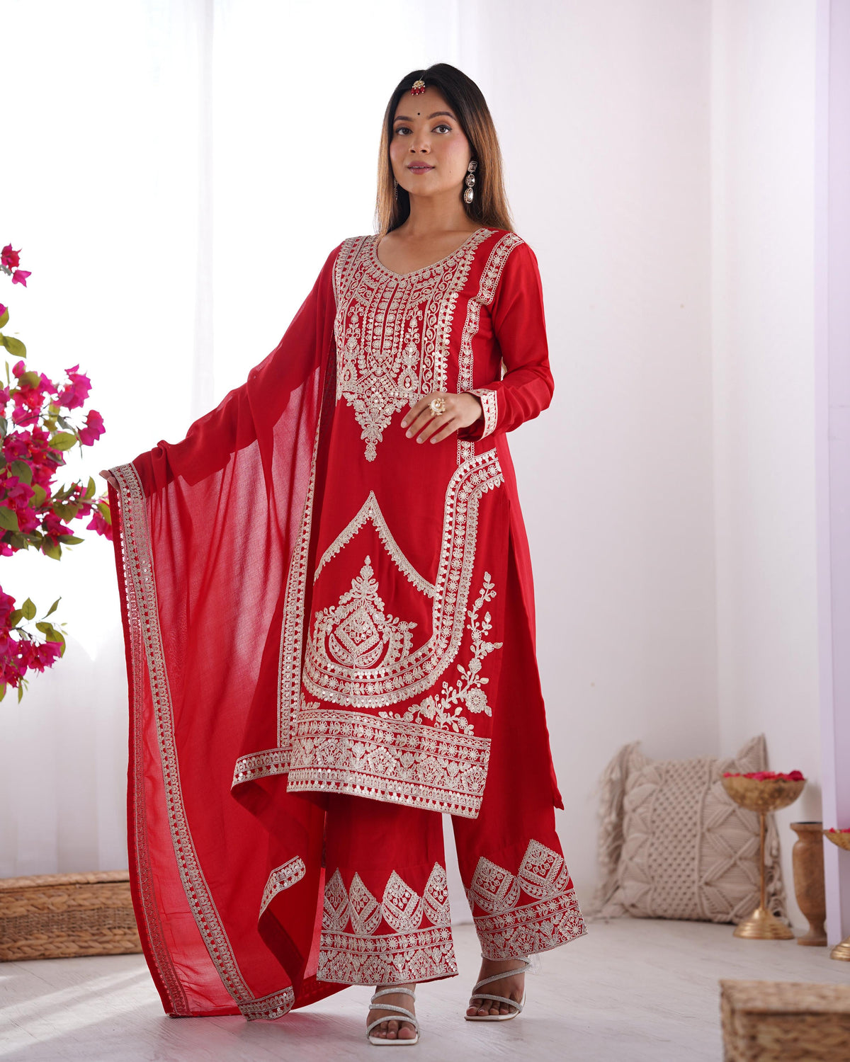Lehenga Mart Designer Kurta Pant Dupatta - red | Grocsy