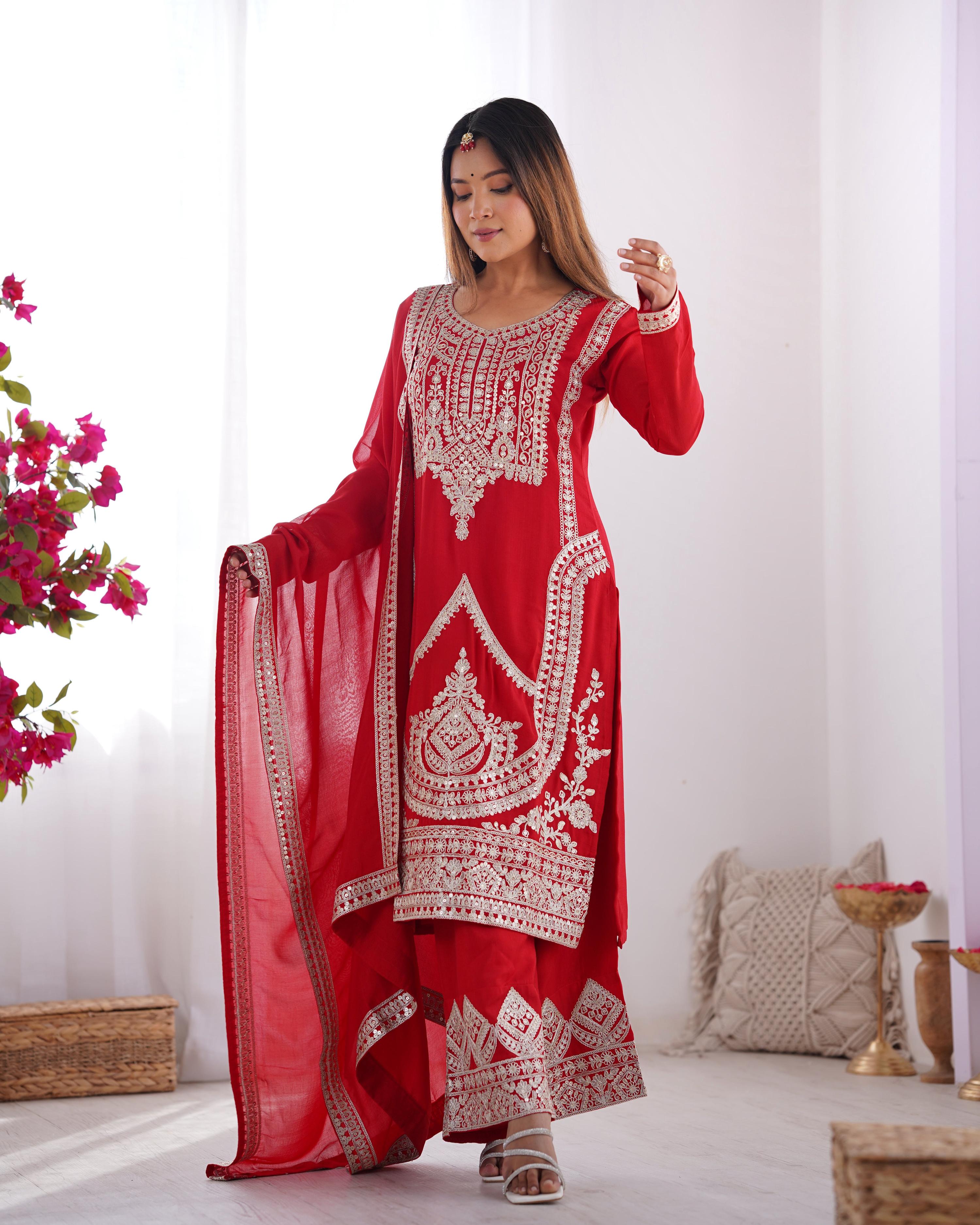 Lehenga Mart Designer Kurta Pant Dupatta - red | Grocsy