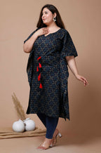 Miravan Women's Plus Size Navy Blue Printed Flared Sleeves Kaftan | Grocsy
