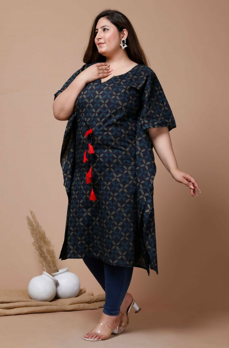 Miravan Women's Plus Size Navy Blue Printed Flared Sleeves Kaftan | Grocsy