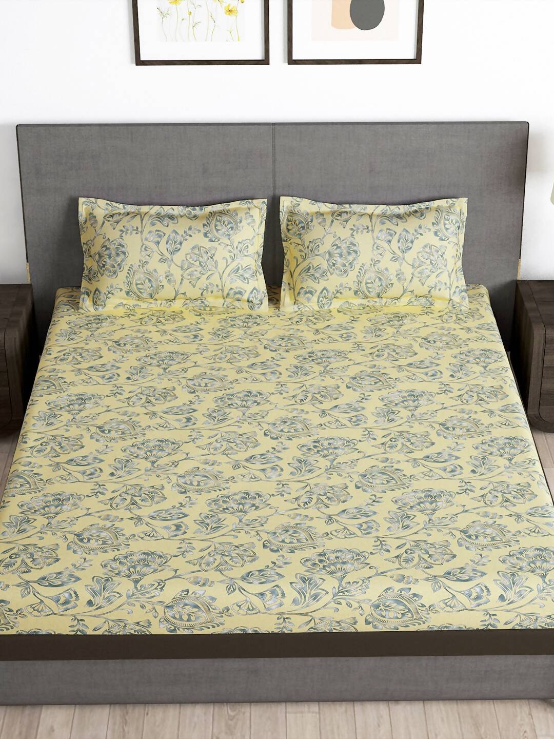 Story@home Cream-Coloured & Grey Floral Microfiber 180 TC Bedsheet & Pillow Cover | Grocsy