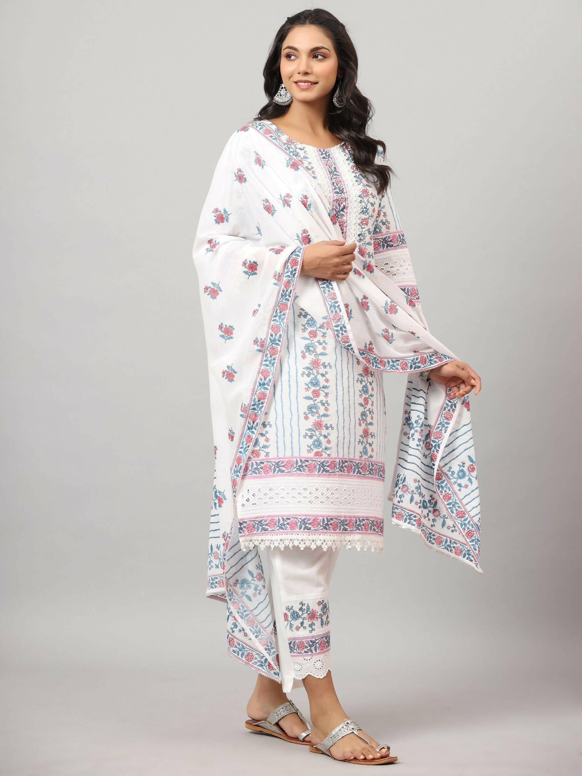 Juniper Women's Off-White Cambric Printed Stright Kurta Sets | Grocsy