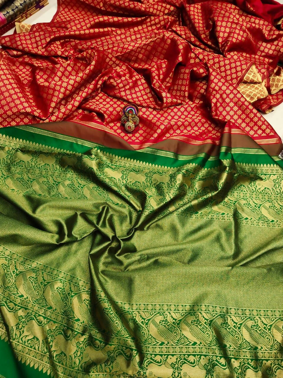 DEIANA'S Beautiful Designer Golden zari Soft Lichi Silk Saree - Red | Grocsy