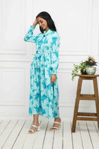 Myshka Women Blue Floral Rayon A-Line Shirt Collar Dress | Grocsy