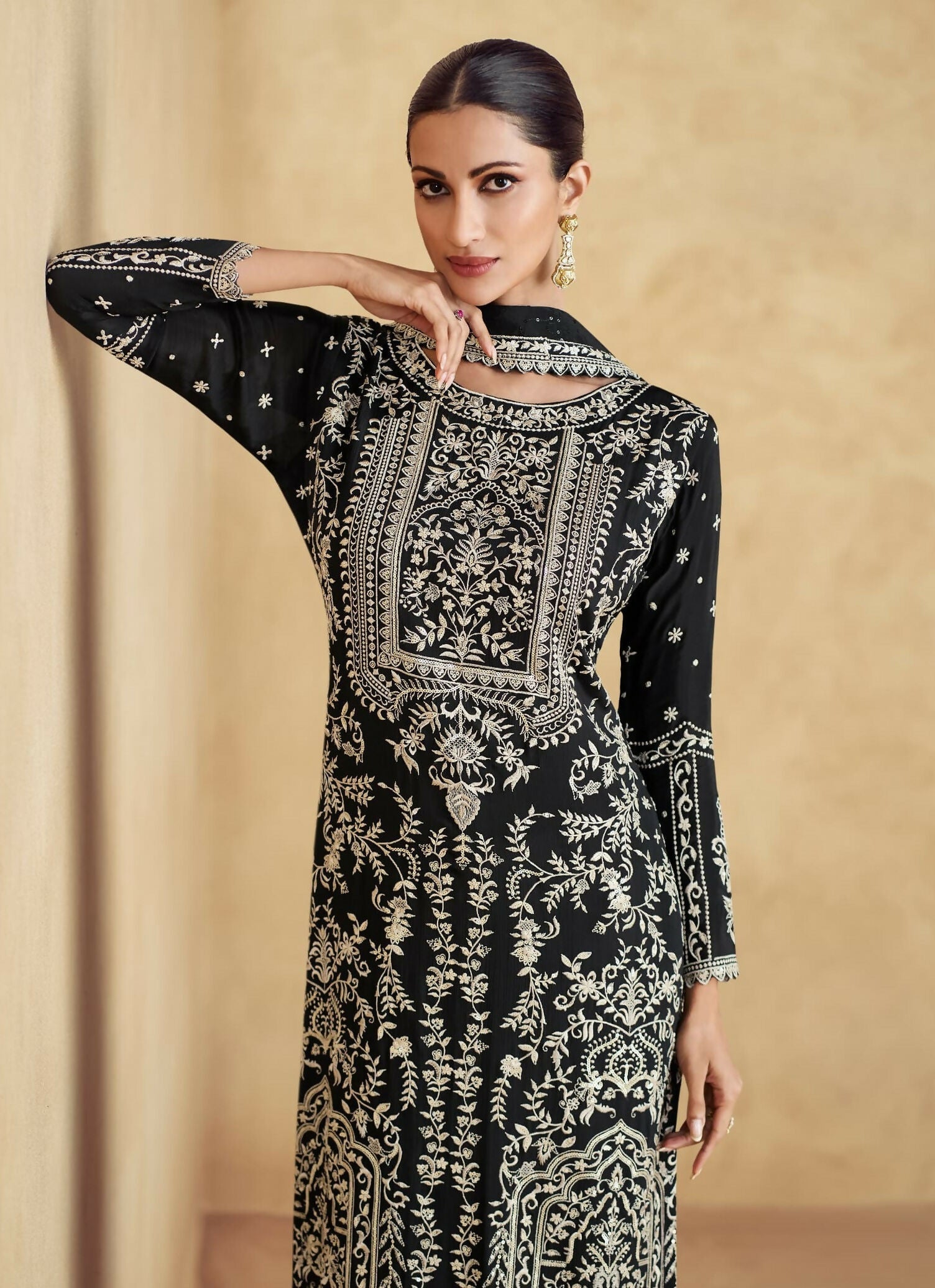 Anaita Black Premium Chinon Embroidered Sequin Work Ready Made Suit | Grocsy