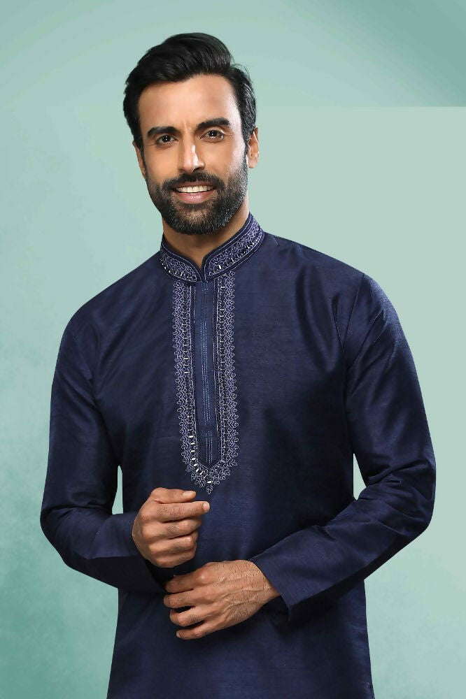 Raivat Ethnic Art Silk Mirror Embroidery Work Kurta Pajama In Blue Colour | Grocsy
