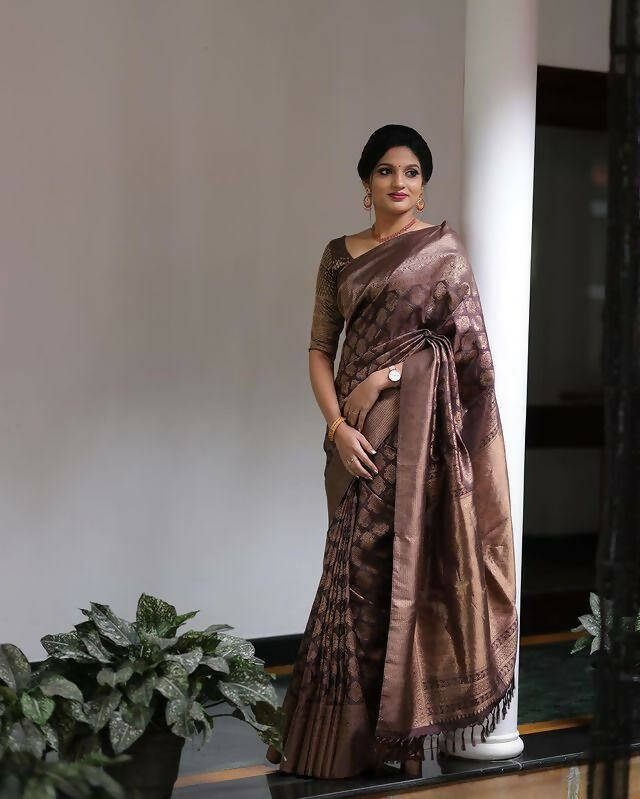 DEIANA'S Beautiful Designer Golden zari Soft Lichi Silk Saree - Brown | Grocsy