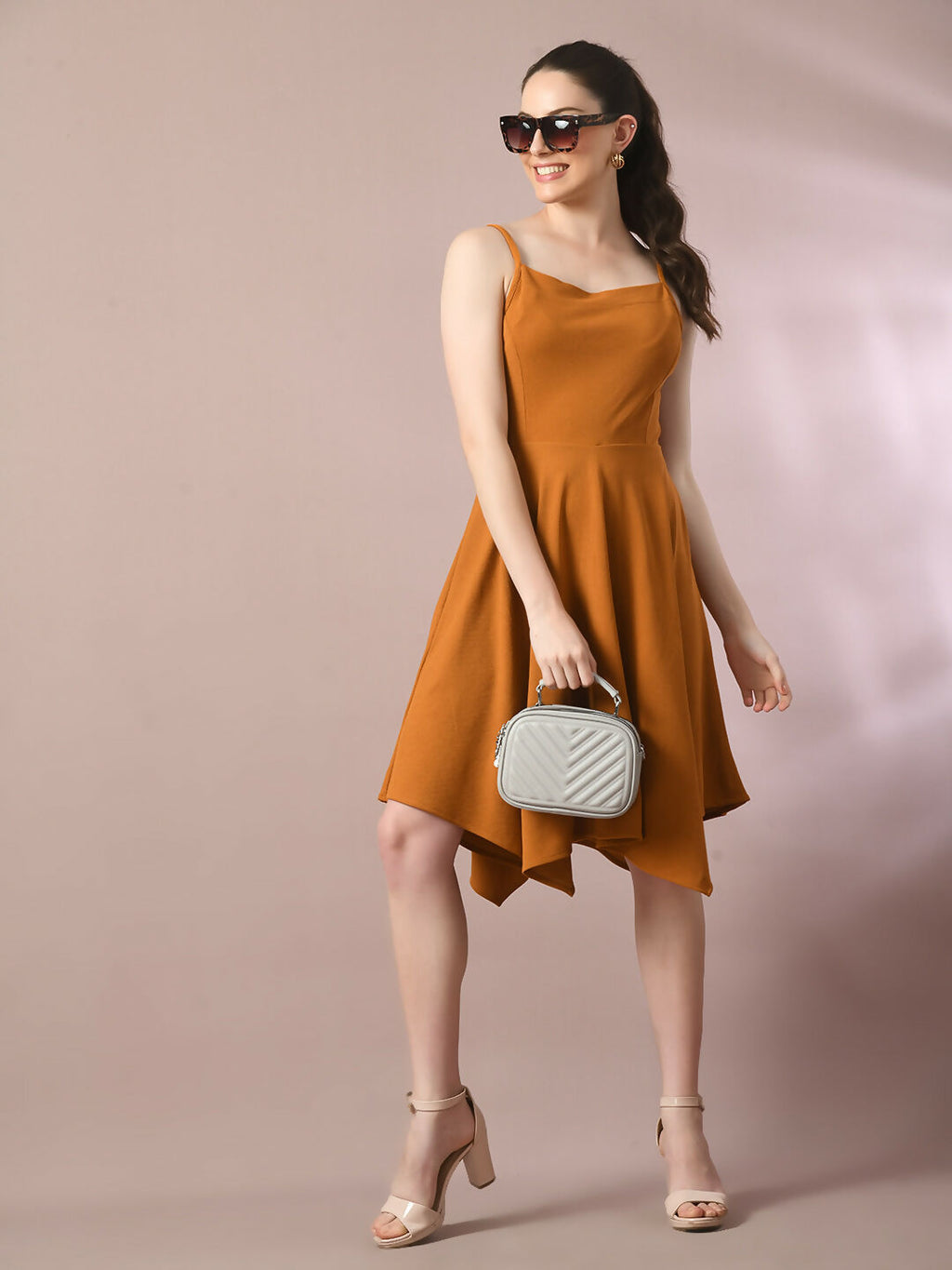 Myshka Women's Mustard Solid Shoulder Straps Fit and Flare Party Dress | Grocsy