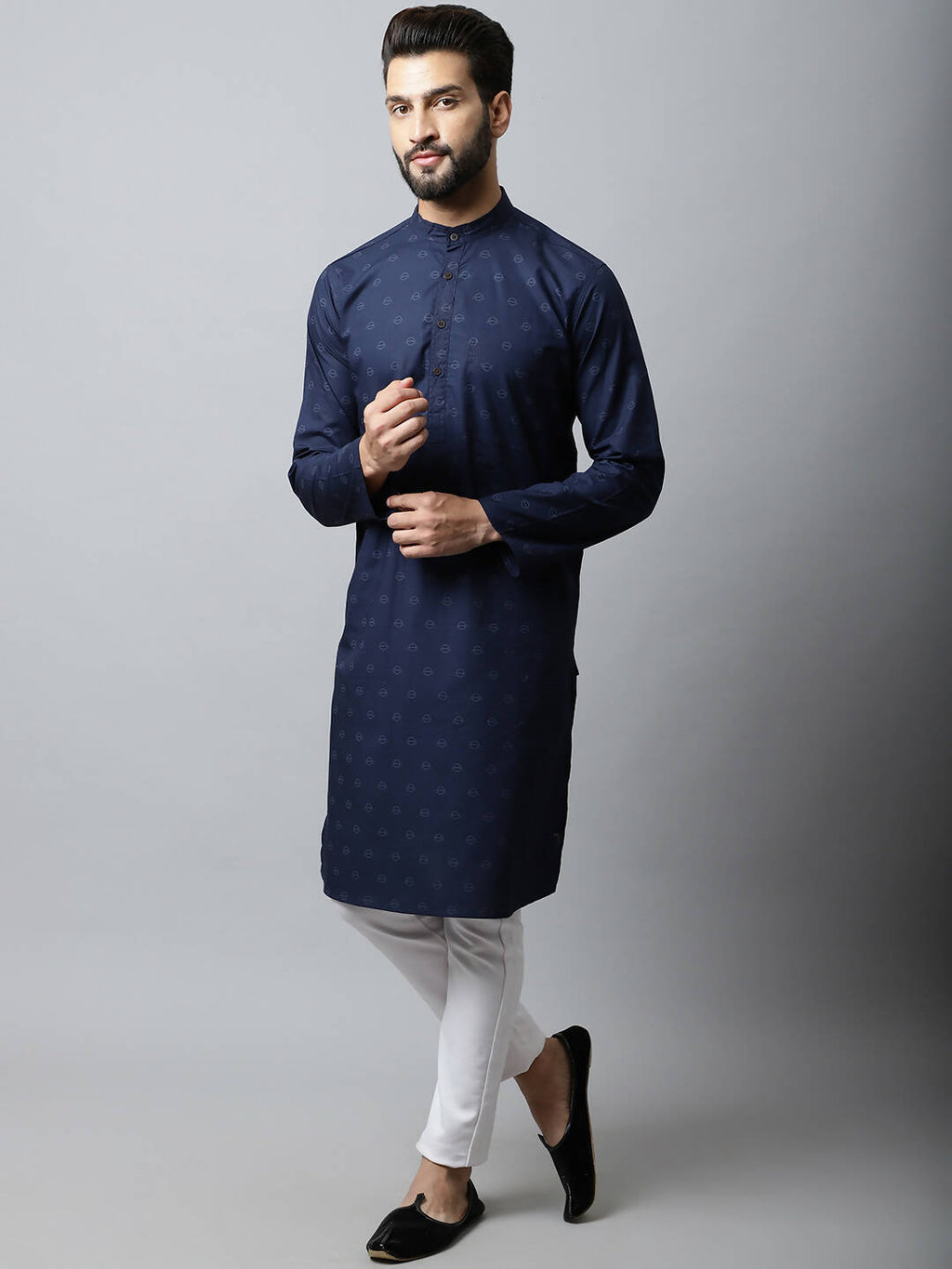 Even Apparels Navy blue Color Pure Cotton Men's Kurta With Band Collar (PRT1184-NVC) | Grocsy