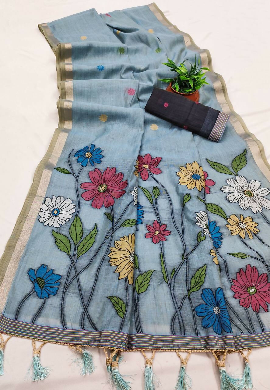 Vastranavya Sky Blue Muga Cotton Meenakari & Azarakh Pallu Saree with Contrast Blouse | Grocsy