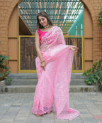 Vamsee Kiki Baby-Pink Organza Saree | Grocsy