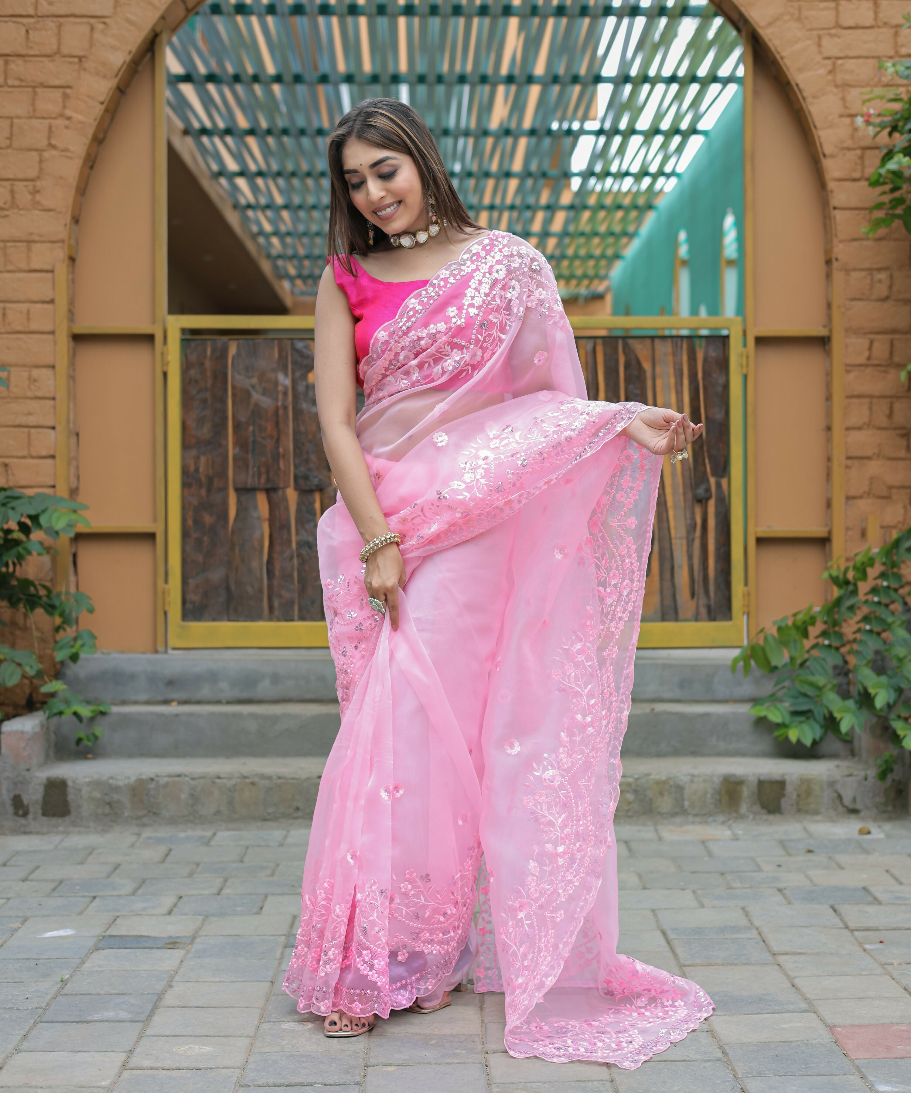Vamsee Kiki Baby-Pink Organza Saree | Grocsy
