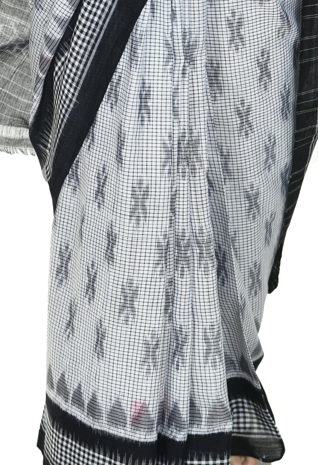 Vamika Sambalpuri Ikat Cotton Dehabandha White & Black Checks Saree | Grocsy