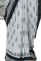 Vamika Sambalpuri Ikat Cotton Dehabandha White & Black Checks Saree | Grocsy
