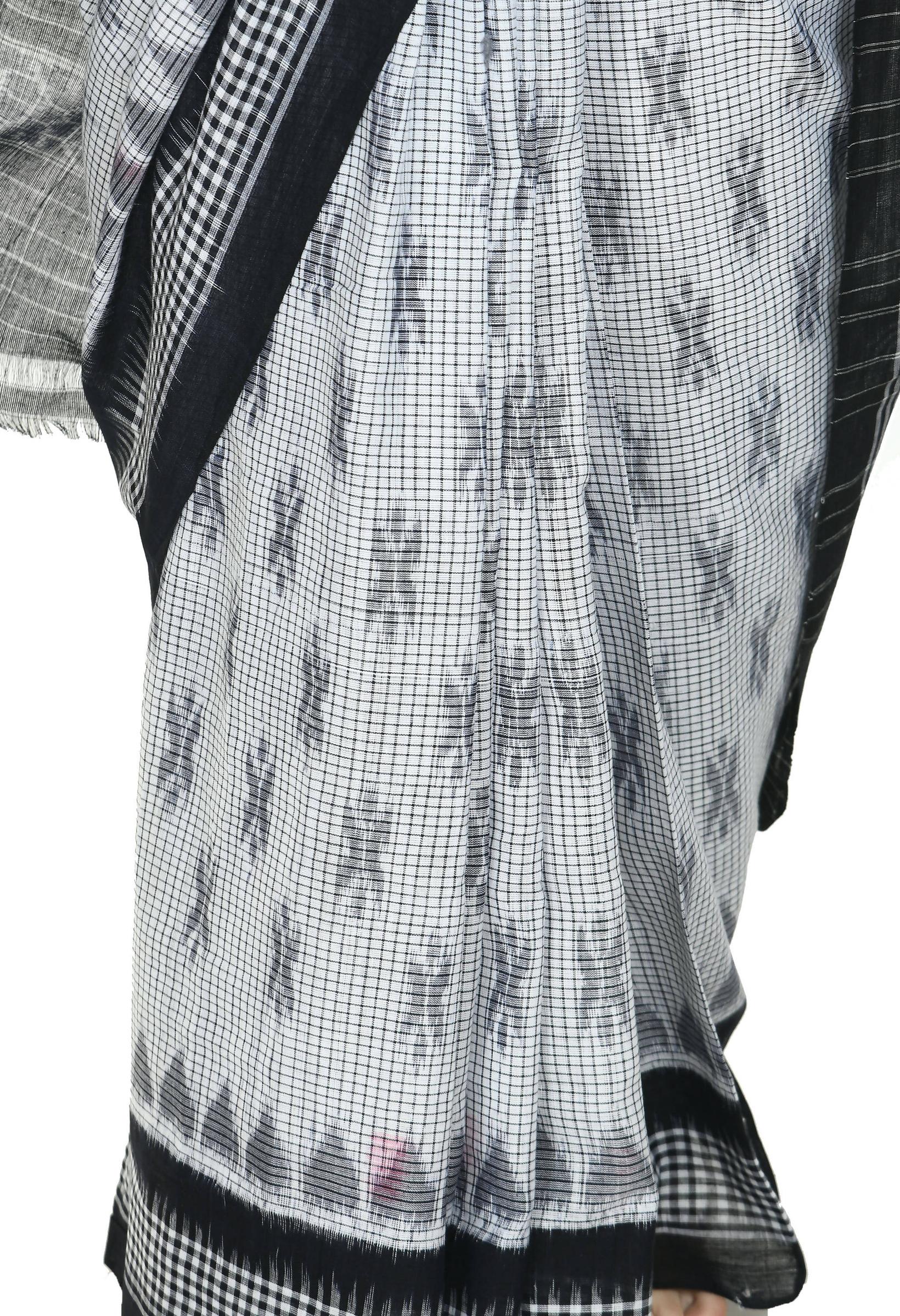 Vamika Sambalpuri Ikat Cotton Dehabandha White & Black Checks Saree | Grocsy