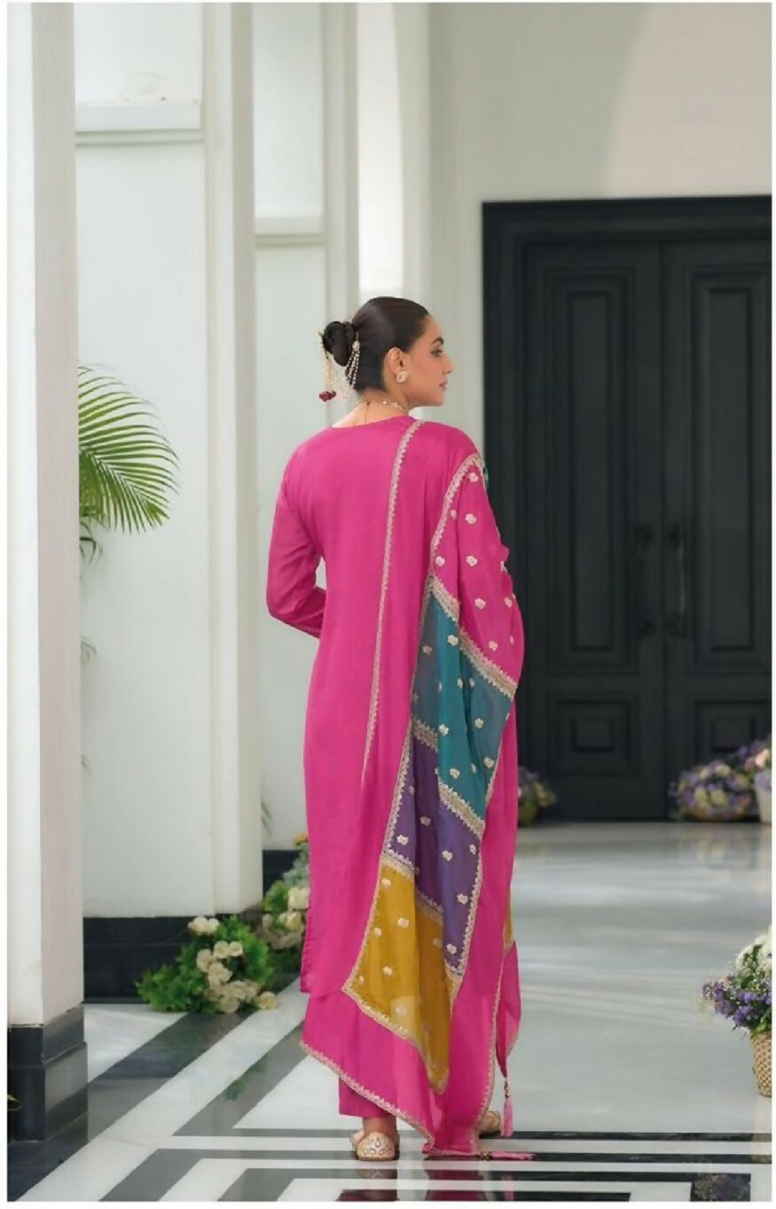 Teeya Creation Pink Color Chinon Silk Embroidery Work Wedding Wear Designer Salwar Suit | Grocsy
