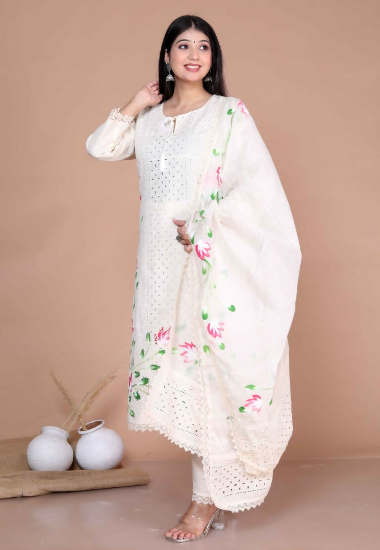 Miravan Women's Cream Hand Block Cotton Pakistani Kurta Palazzo With Dupatta Set | Grocsy