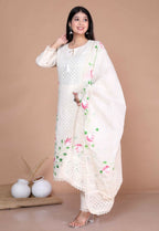 Miravan Women's Cream Hand Block Cotton Pakistani Kurta Palazzo With Dupatta Set | Grocsy