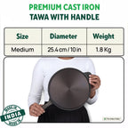 The Indus Valley Super Smooth Cast Iron Tawa, Long Handle,Pre-seasoned, Nonstick, 100% Pure, Toxin-free, Induction,Spatula, 25.4cm, 1.8kg | Grocsy