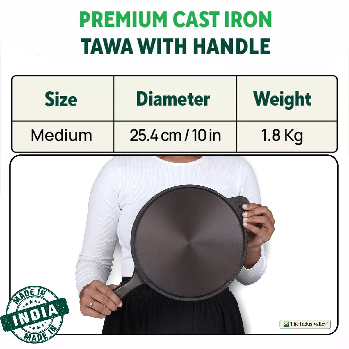 The Indus Valley Super Smooth Cast Iron Tawa, Long Handle,Pre-seasoned, Nonstick, 100% Pure, Toxin-free, Induction,Spatula, 25.4cm, 1.8kg | Grocsy