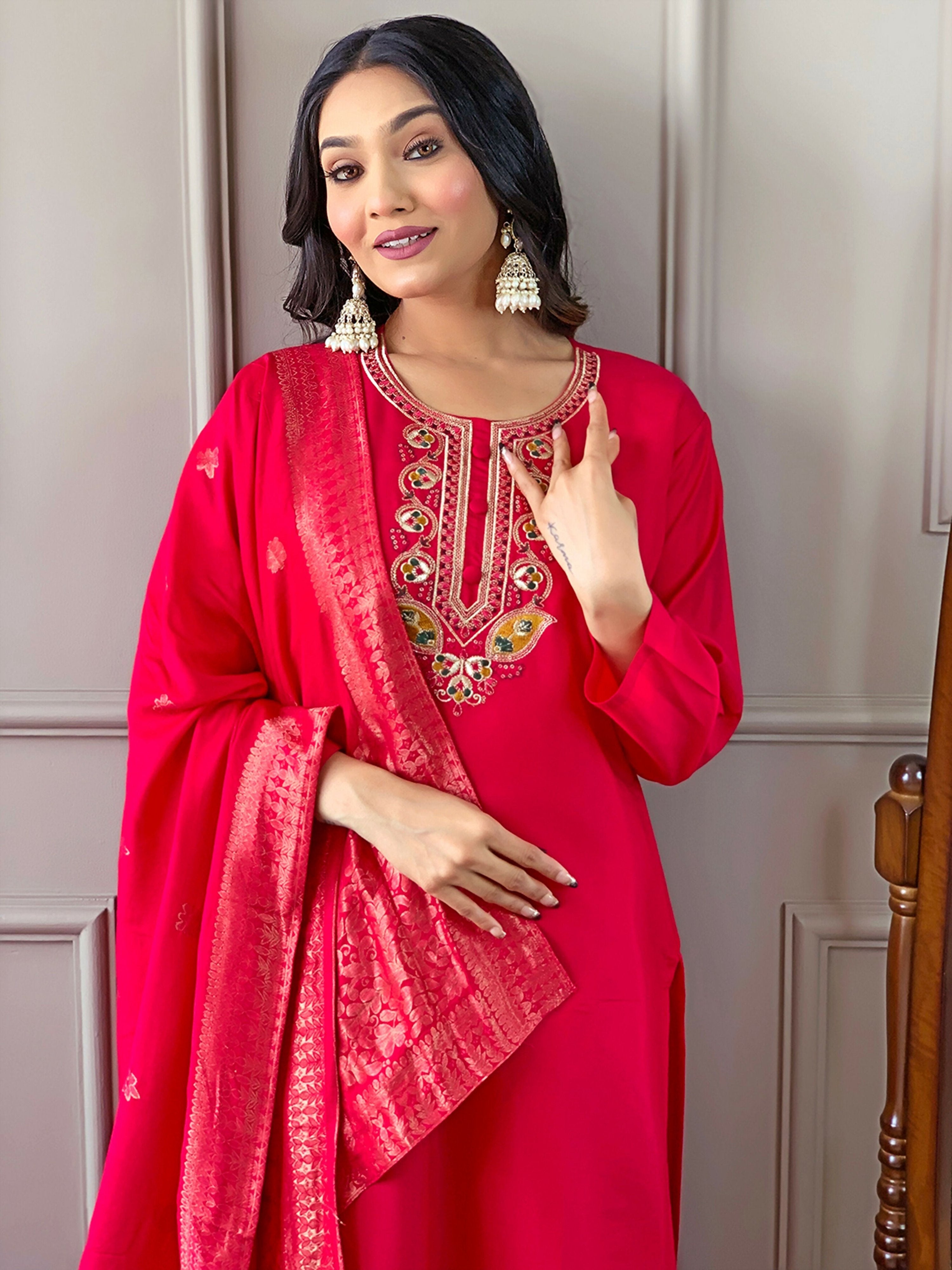 Partywear Designer Viscose Chanderi Red Stitched Suit With Dupatta - Anbazaar | Grocsy