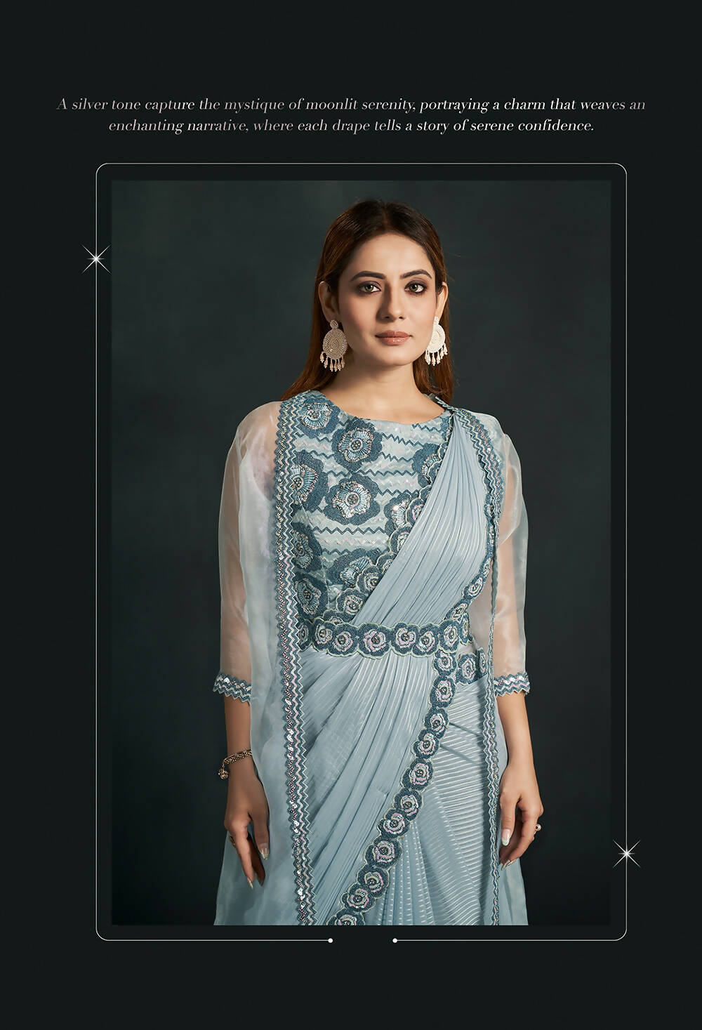Light Blue Pattern Jari Georgette Cord Sequence & Thread Embroidered & Stone Work Saree - Moh-Manthan Royal Enigma | Grocsy