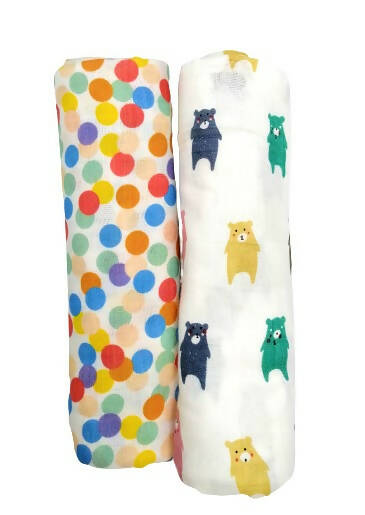 Kindermum Organic Cotton Muslin Swaddle Blanket 110 Cm X 110 Cm - Set Of 2 - Colorful Polka And Bear | Grocsy