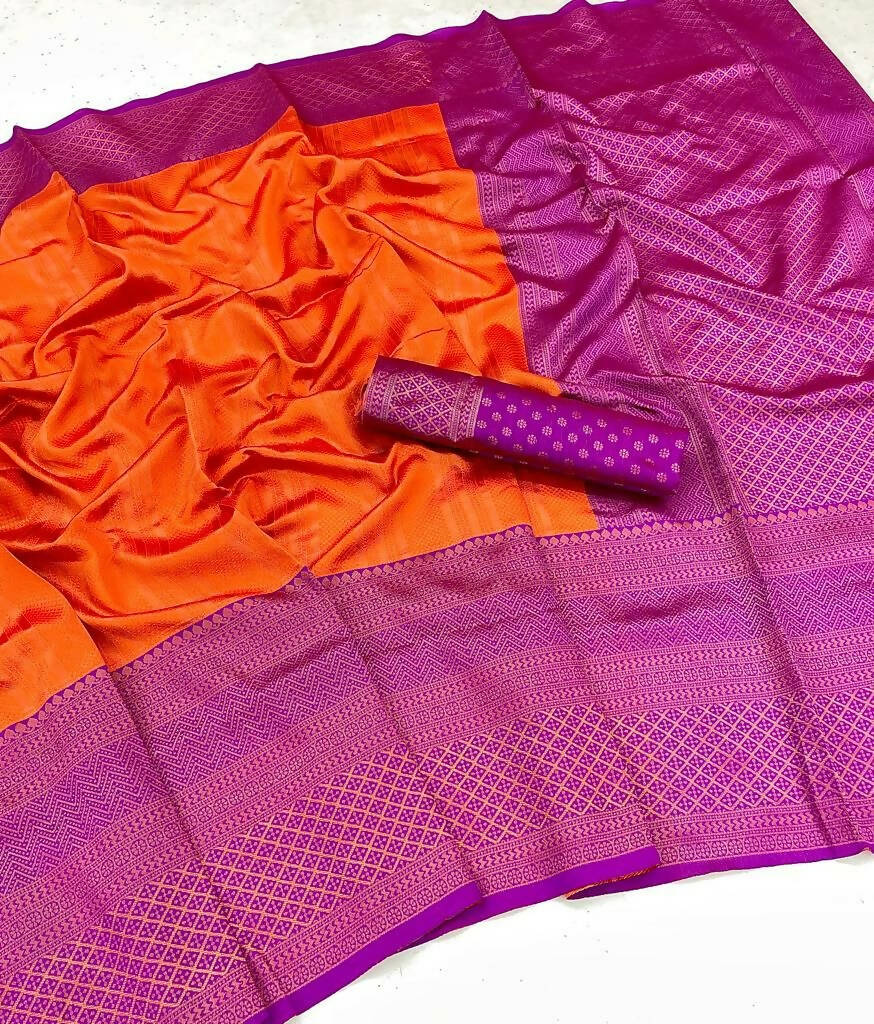 DEIANA'S Beautiful Designer Golden zari Soft Lichi Silk Saree - Orange | Grocsy
