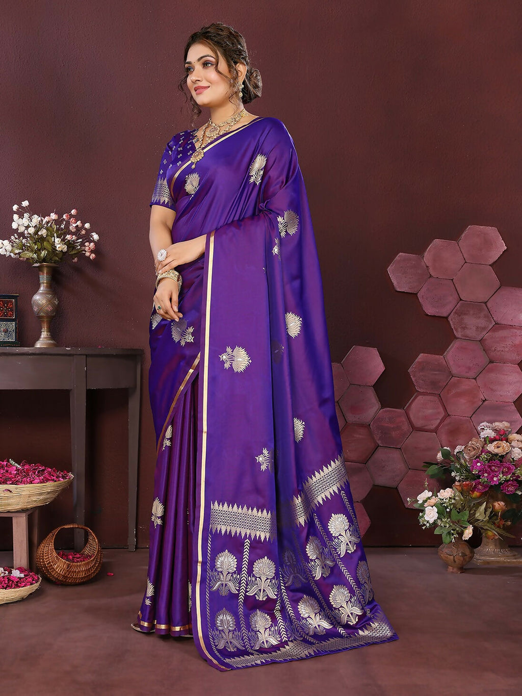 Joban Fashion Purple Floral Motifs Banarasi Silk Sarees | Grocsy