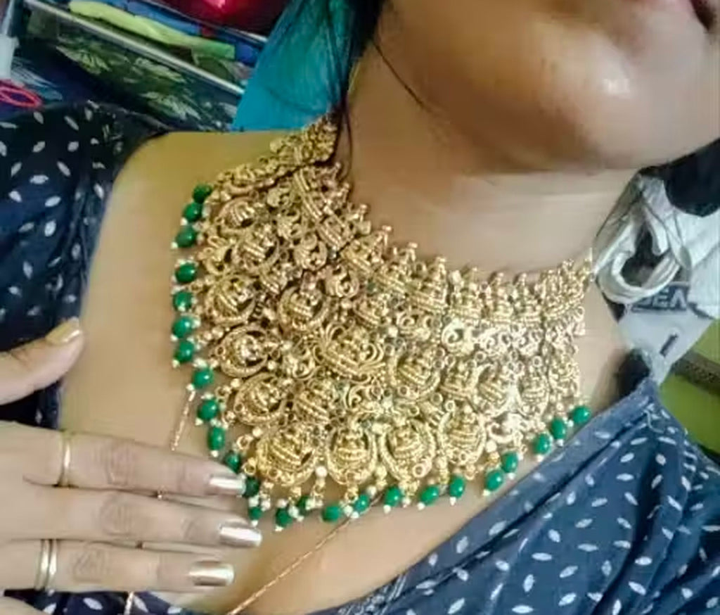 Jewel City Divine Elegance With This Exquisite Antique Gold Lakshmi Temple Necklace Set | Grocsy