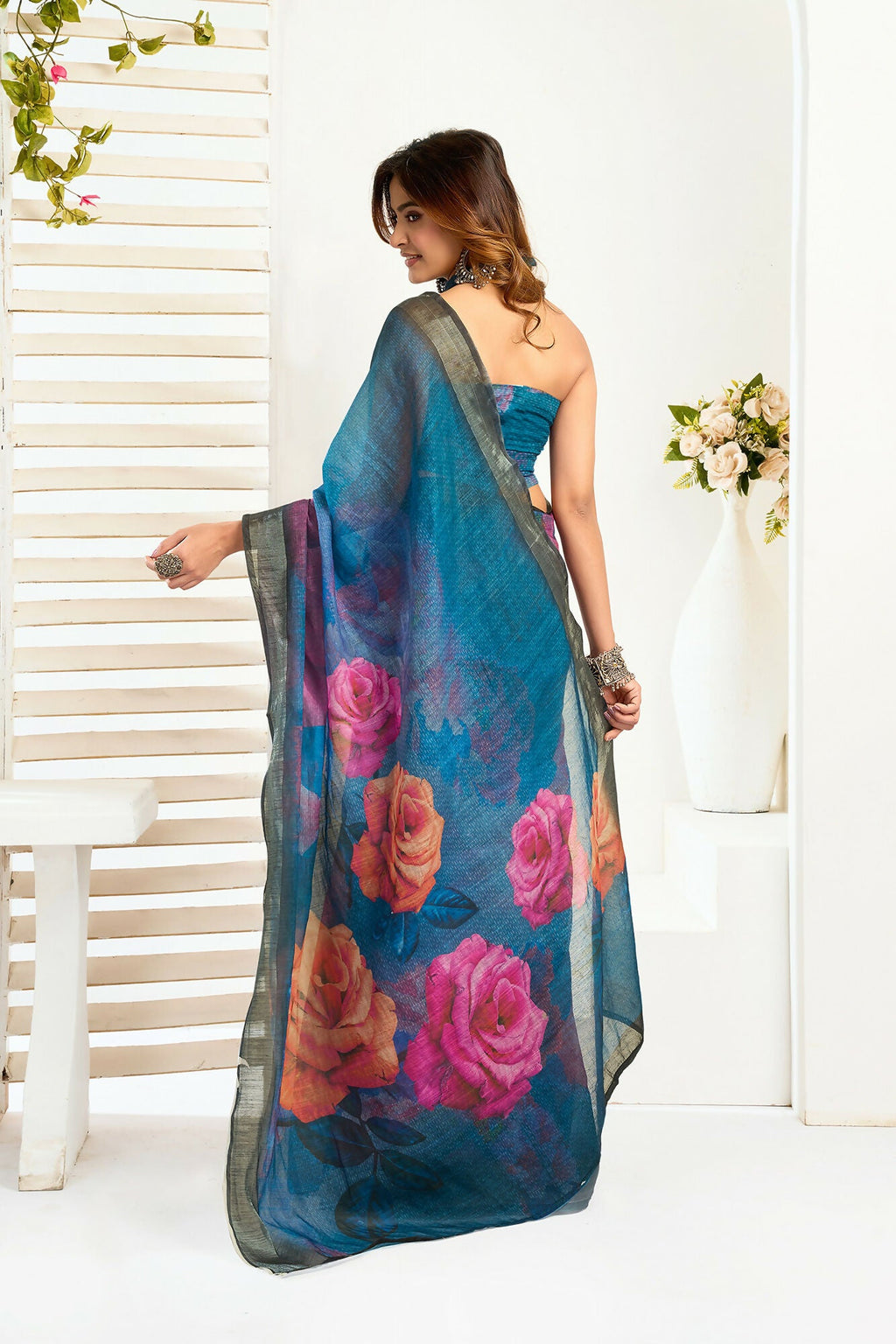 Vastranavya Teal Digital Printed Linen Ready To Wear Designer Saree with Unstitched Blouse | Grocsy