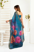 Vastranavya Teal Digital Printed Linen Ready To Wear Designer Saree with Unstitched Blouse | Grocsy