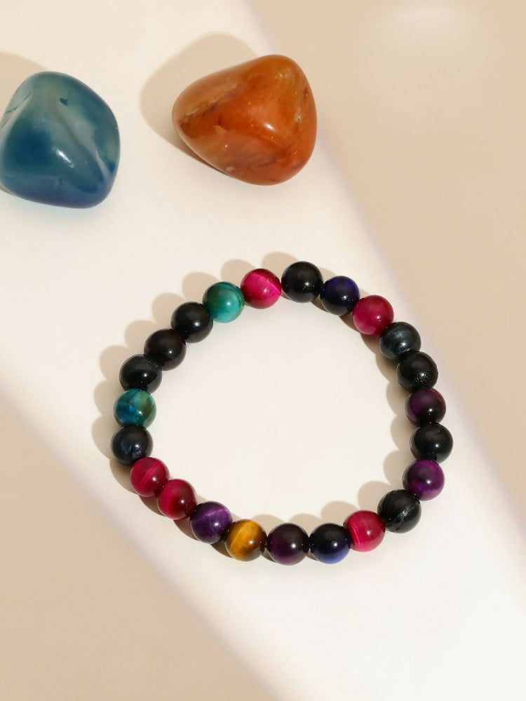 Red Carnelian, Lapis Lazuli, Amethyst and Green Avanturine Multicoloured Black Toned crystal bracelet - Ruby Raang | Grocsy