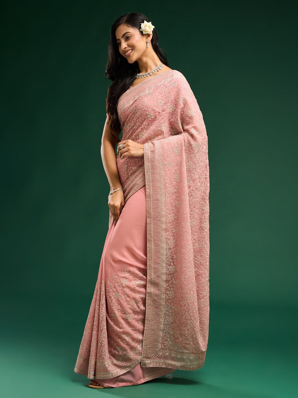 kasee Floral Embroidered Pure Georgette Saree | Grocsy