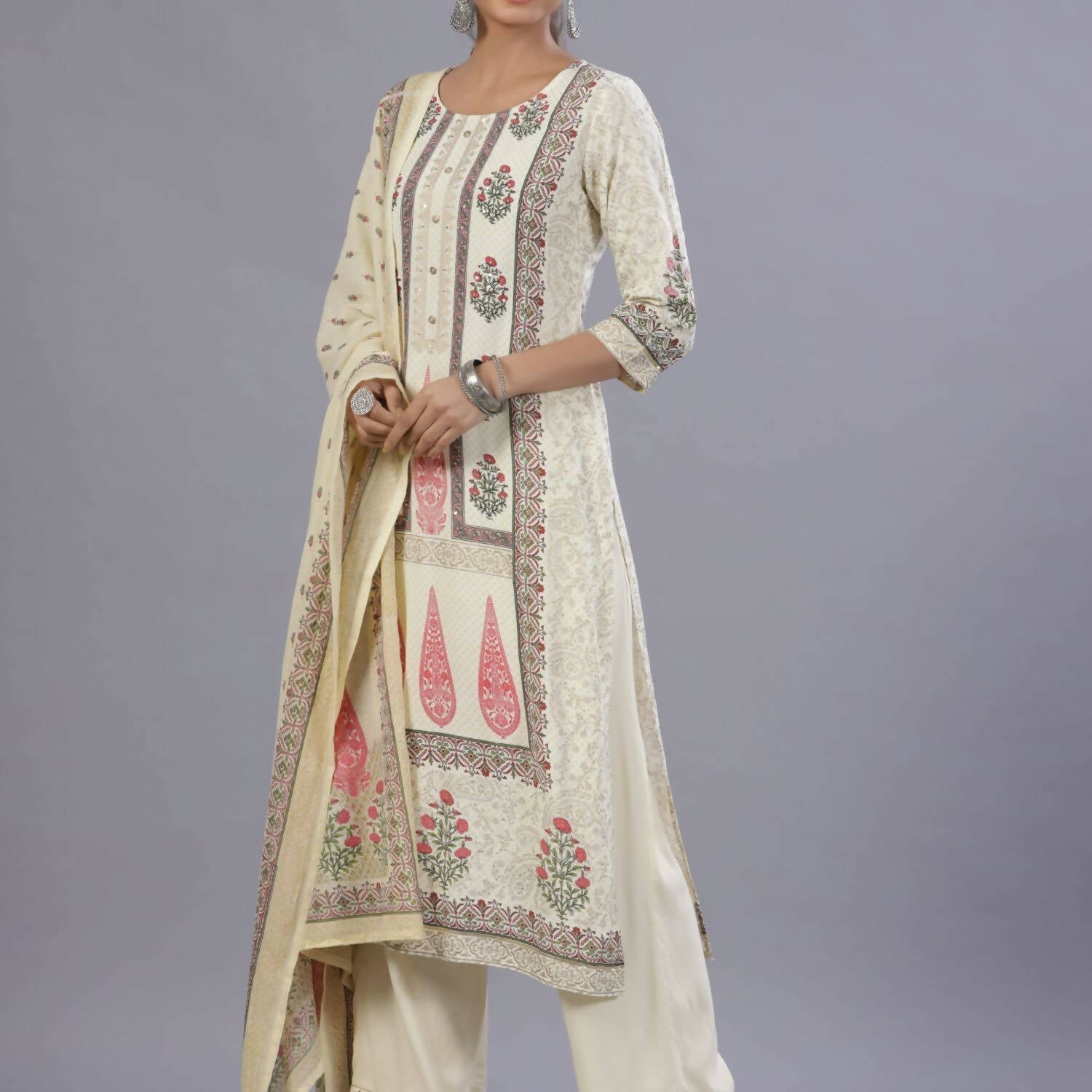 Juniper Women Yellow Rayon Printed Kurta, Pants and Dupatta Set | Grocsy