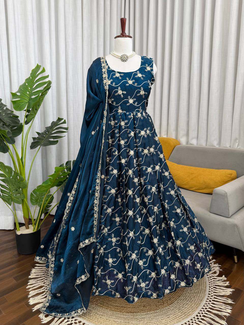 Prazu Fashion Blue Fendy Silk Thread With Sequence Anarkali Suit | Grocsy
