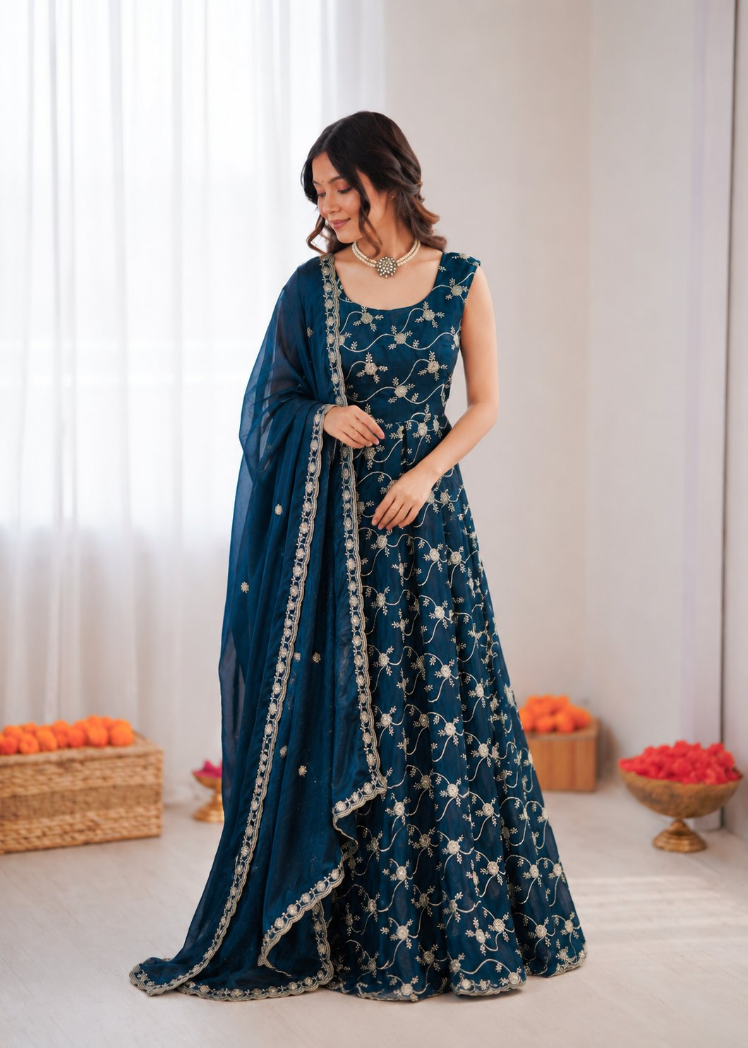 Prazu Fashion Blue Fendy Silk Thread With Sequence Anarkali Suit | Grocsy